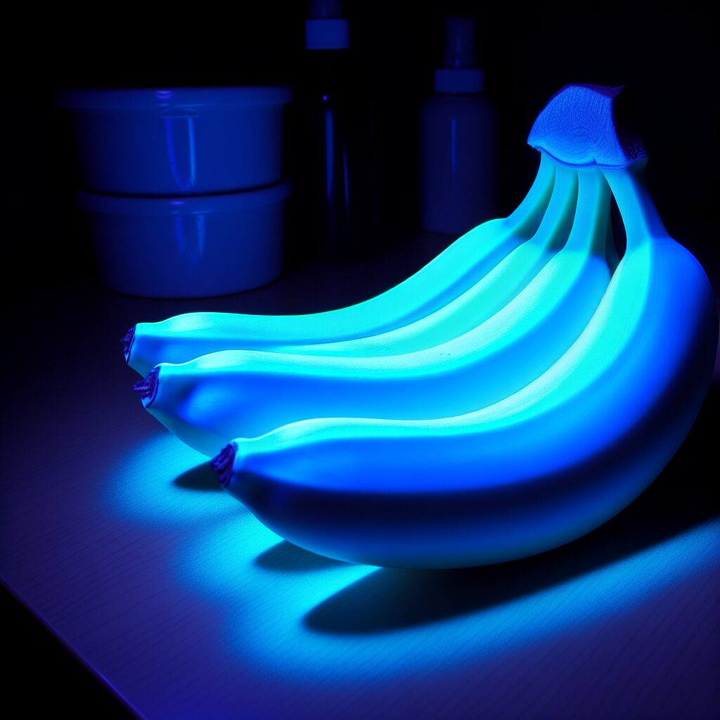 Los plátanos brillan en azul bajo luces negras.